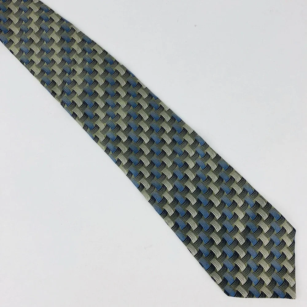 Chiarini‎ Men's Neck Tie 100% Italian Silk Silver Blue Basket Weave Career